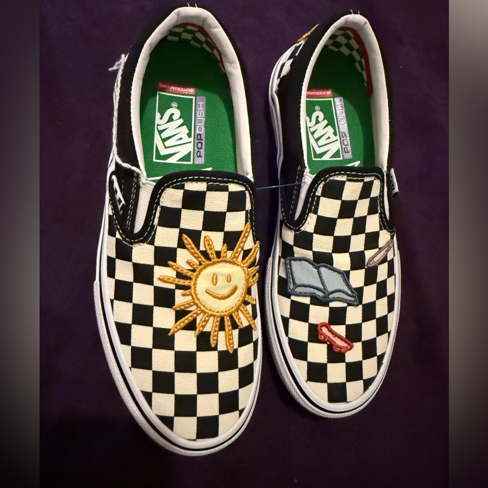 Vans Kids Checkered Slip-On Sneakers - Black, White, and Yellow Sun Design